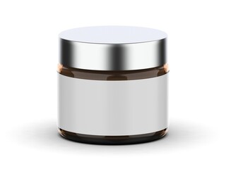 Cosmetic jar with tin lid blank template, glass jar mockup on isolated white background. 3d illustration.