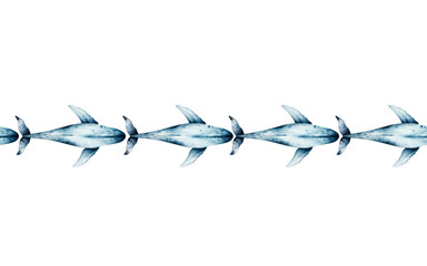 Blue whale seamless banner, border. Top view. Watercolor hand drawn illustration isolated on background. For designers, logo, postcards, greetings, birthday, calendar, wallpapers, wrapping paper