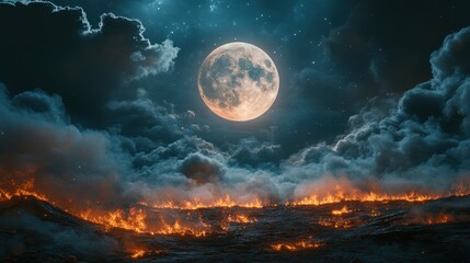 A surreal night scene with a glowing full moon, smoky clouds drifting over a rugged landscape filled with glowing embers.