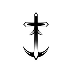 Abstract black ink illustration of a cross-shaped anchor, symbolizing faith, anchored in simplicity.