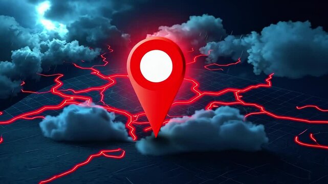 A vibrant digital map marker with glowing red lightning effects against a stormy sky backdrop