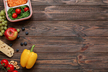 Healthy products on wooden background. Diet concept