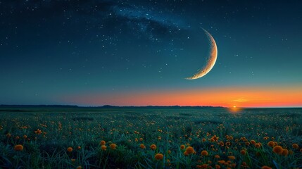 Naklejka premium Serene Sunset Landscape Crescent Moon Starry Sky over Orange Wildflower Field