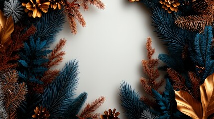 Naklejka premium Festive Christmas Border Blue Gold Copper Greenery
