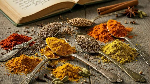 A variety of colorful spices arranged on vintage spoons