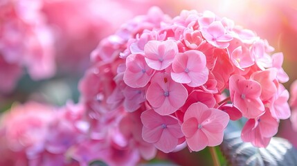 Fototapeta premium Delicate Pink Hydrangea Blooms in Soft Sunlight Close Up Floral