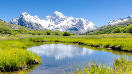 Mountain lake reflection, sunny meadow, spring