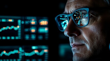 Focused Broker Analyzing Stock Market Data on Computer Screens at Night