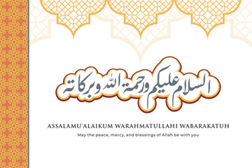 ASSALAM.epsBeautiful Islamic greeting card with elegant Arabic calligraphy of 'Assalamu'alaikum Warahmatullahi Wabarakatuh' meaning 'Peace, mercy, and blessings of Allah be with you.' Perfect for any 