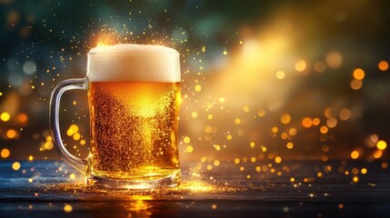 Glowing mug of beer amidst golden sparkles in evening ambiance. Saint Patrick's Day, St Paddy's Day, St Patty's Day - Irish National Holiday and Cultural Celebration