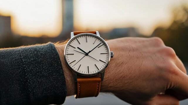 Close-up of a stylish watch on a person's wrist with a sunset city skyline in the background