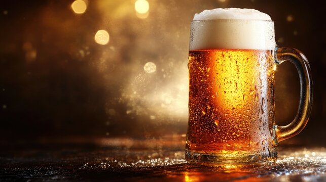Cold amber beer in frosty mug with bokeh background. Saint Patrick's Day, St Paddy's Day, St Patty's Day - Irish National Holiday and Cultural Celebration
