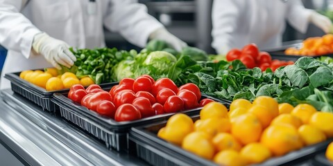 protect prevention policy concept. Fresh vegetables arranged in trays by workers in a clean environment.