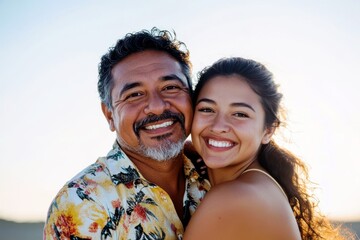Joyful Smiles of a Father and Daughter Embracing at Sunset