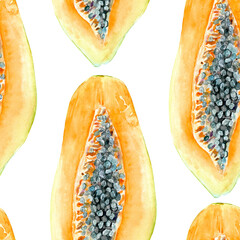 A fresh open papaya textured watercolor seamless pattern isolated on white. The hand-painted tropical fruit clip art is perfect for culinary designs, labels, prints, cards, packages, menu, home decor