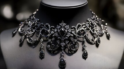 A stunning choker necklace with black diamonds and intricate gothic detailing