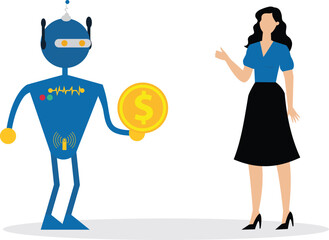 AI robot hand giving dollar money to businesswoman