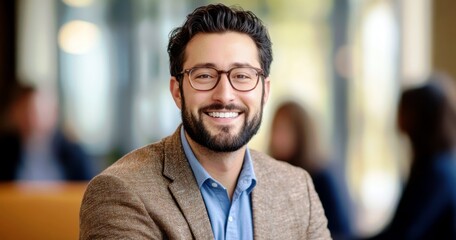 Obraz premium Smiling man with glasses wearing a blazer, showcasing confidence and warmth in a professional setting, ideal for business and lifestyle imagery