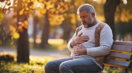 Stomach pain experienced by a middle-aged man sitting on a sofa, clutching his stomach. Featuring discomfort and recovery