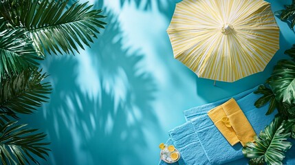 A sunny day with beach accessories and tropical greenery