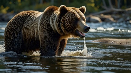 Obraz premium Grizzly Bear Standing in a Rushing River with Wet Fur and Focused Eyes
