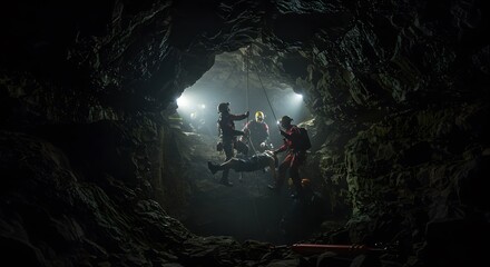 Cave Rescue Operation: A Dramatic Silhouette of Rescuers in a Dark Cave