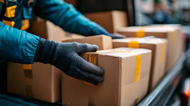 A Delivery Person Arranges Packages Within A Transport Vehicle