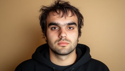 Obraz premium Portrait of a Young Man with Wet Hair in a Black Hoodie