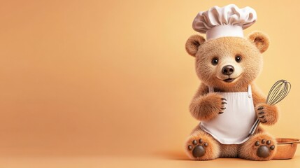 Cute teddy bear chef wearing apron and hat holding whisk on orange background