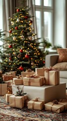 Christmas Presents Under Decorated Tree Festive Gift Boxes Holiday Season