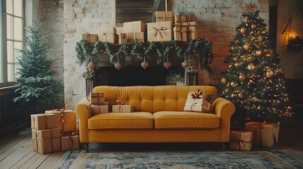 Cozy Christmas Living Room with Gifts Decorated Fireplace and Christmas Tree