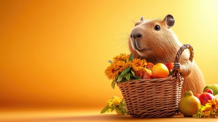 Cute capybara with basket of fruits and flowers against vibrant background