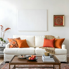 White Sofa with Orange Pillows: Living Room Decor