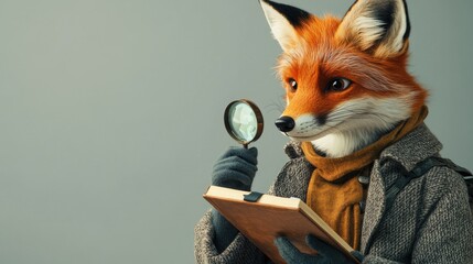 Anthropomorphic fox holding magnifying glass and book in detective outfit