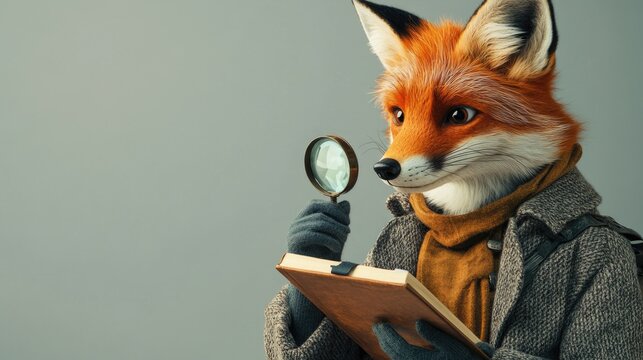 Anthropomorphic fox holding magnifying glass and book in detective outfit