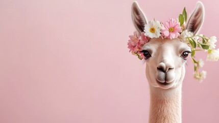 Cute llama with floral crown on pink background. Easter, Pascha, Paskha, Ostern, Pascua, Paques - Orthodox and Catholic Holiday celebration