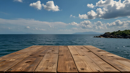 Fototapeta premium Serene Wooden Table Overlooking a Stunning Seascape with Deep Blue Waters Lush Hills and Bright Sky