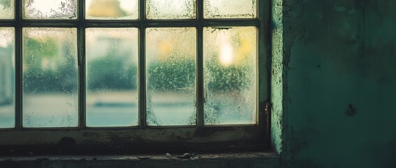 A worn window frame reveals an abandoned cityscape filled with overgrown vegetation and debris. The dreary atmosphere is enhanced by the cloudy sky outside and peeling paint inside.