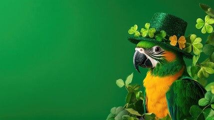 Colorful parrot wearing green hat with shamrocks on green background. Saint Patrick's Day, St Paddy's Day, St Patty's Day - Irish National Holiday and Cultural Celebration