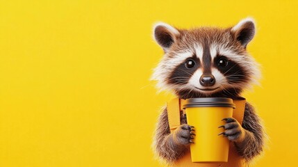 Obraz premium Cute raccoon holding yellow coffee cup against vibrant yellow background