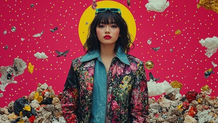 Retro futuristic poster with 80s and 90s high fashion aesthetic. Grunge noise Creative Mixed media collage. Stylish vintage backdrop, grunge graphic design style.