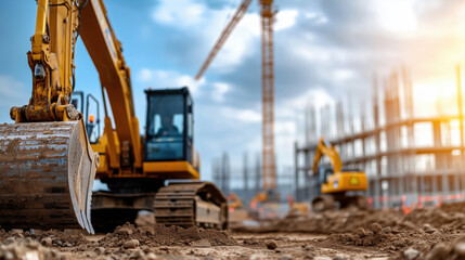 Construction site with excavator and crane under cloudy sky, heavy machinery working on new building project, dirt and gravel in foreground