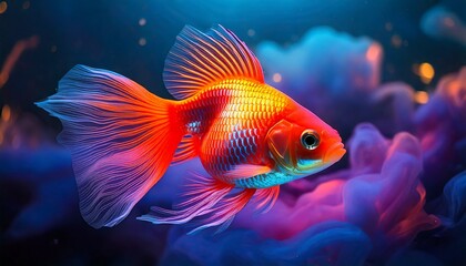 goldfish in aquarium with multicolor atmosphere