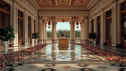 Fototapeta premium Opulent Palace Courtyard Rose Petals Podium Lanterns Indian Architecture