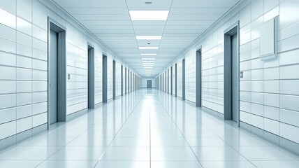 Obraz premium Bright and spacious hospital corridor featuring wide hallways and pristine, clean surroundings for patient care.