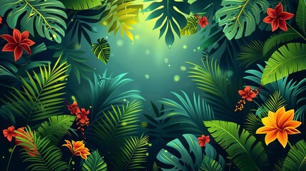 Naklejka premium Lush Tropical Rainforest Background Vibrant Green Foliage Exotic Flowers and Glowing Lights