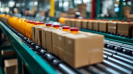 Fototapeta premium Automated Packaging Line Cardboard Boxes and Bottles on Conveyor Belt in Factory