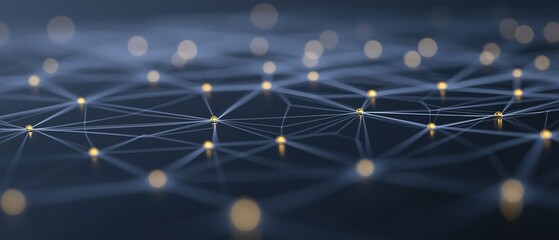 Digital art piece that appears to be a network of interconnected lines and dots. the background is a dark blue color with a gradient effect, creating a sense of depth and dimension.