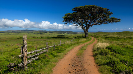 Obraz premium A winding dirt road leads past a rustic wooden fence and a solitary tree in a green grassy field under a blue sky.