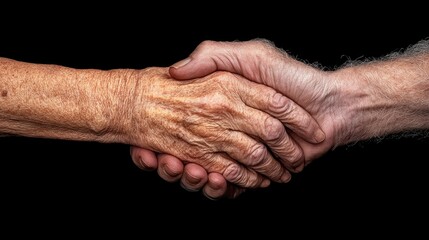 Fototapeta premium A touching moment between an elderly person and a baby, their hands clasped together, symbolizing the passage of time.